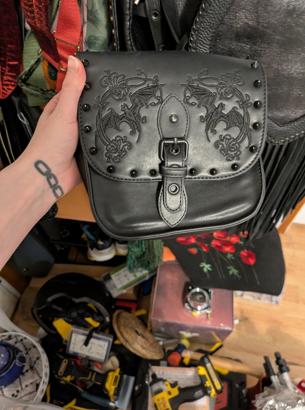Disturbia Black Embroidered Studded Crossbody Bag - Picture 2 of 4
